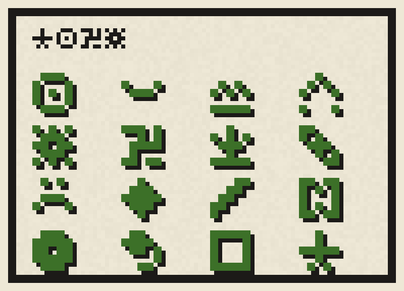 The glyph specimen sheet: all sixteen glyphs