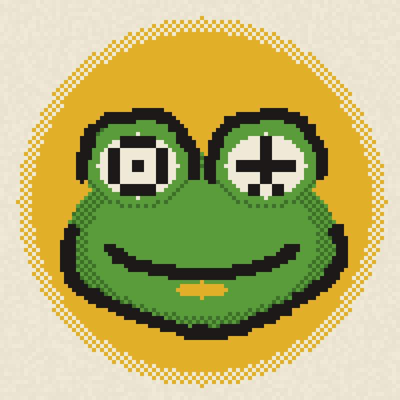 Glyph Alt's pfp: a green pixel frog on a gold halo, its eyes drawn as glyphs