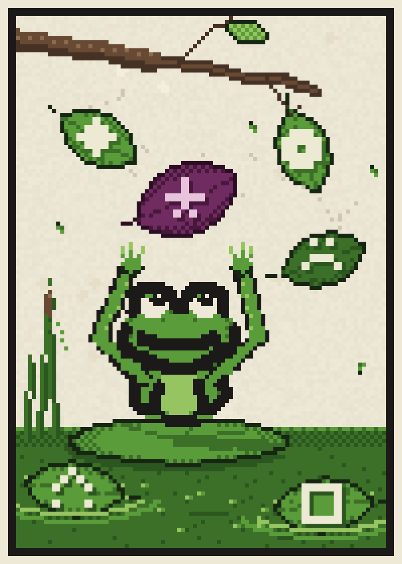 Leaf Letters: a pixel frog on a lily pad reaching up with both hands for a falling plum-coloured leaf, green leaves with pale glyph veins around it and two floating on the water