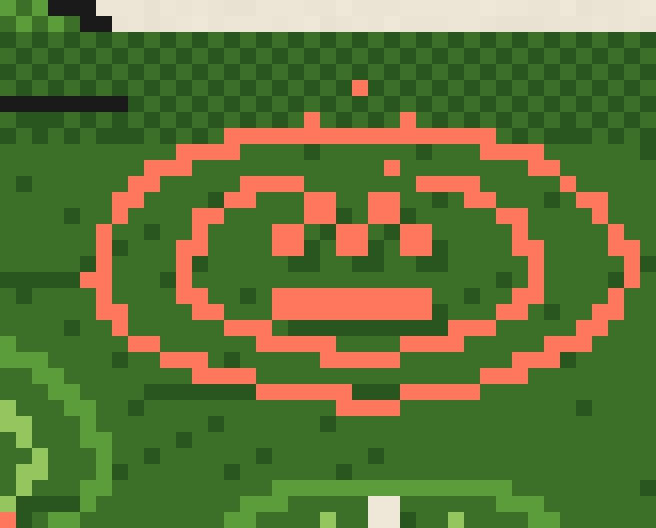 The first ring, close up: the pond glyph in coral, with two ripples around it