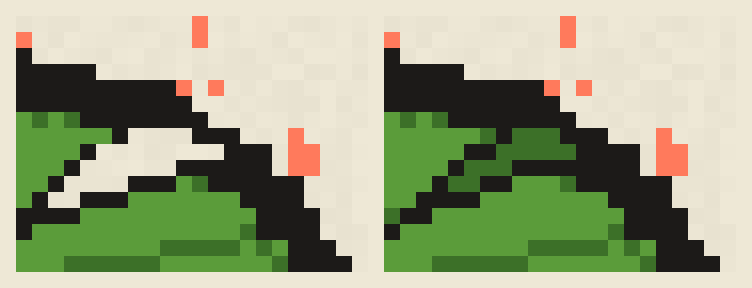 The leaf notch before and after: a pale crack on the left, a green ink-edged notch on the right