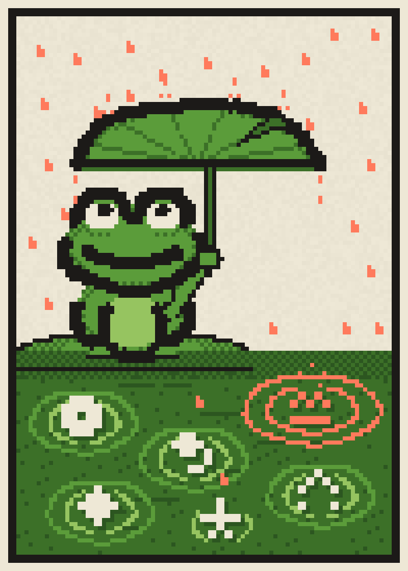 Rain Reading: a pixel frog under a lily leaf umbrella, coral rain, glyph rings on the pond