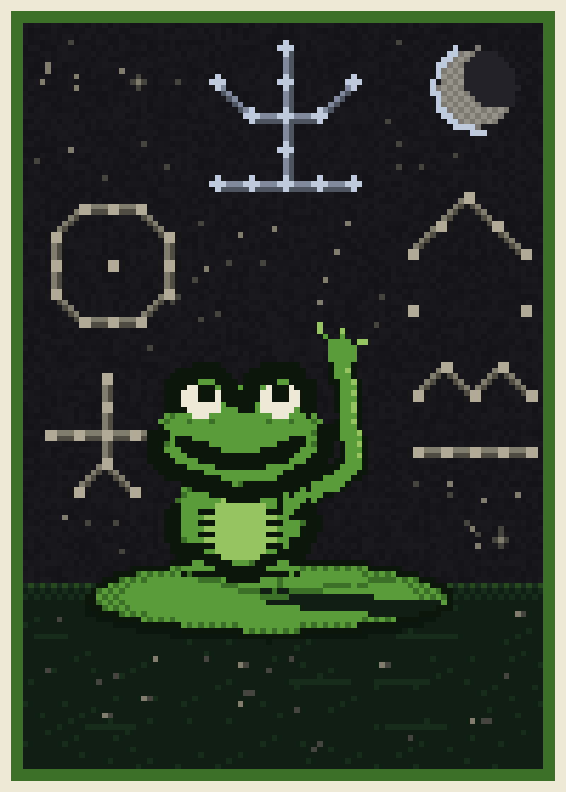 Star Mint: a pixel frog on a lily pad at night, one hand raised to constellations shaped like glyphs, a silver moon in the corner